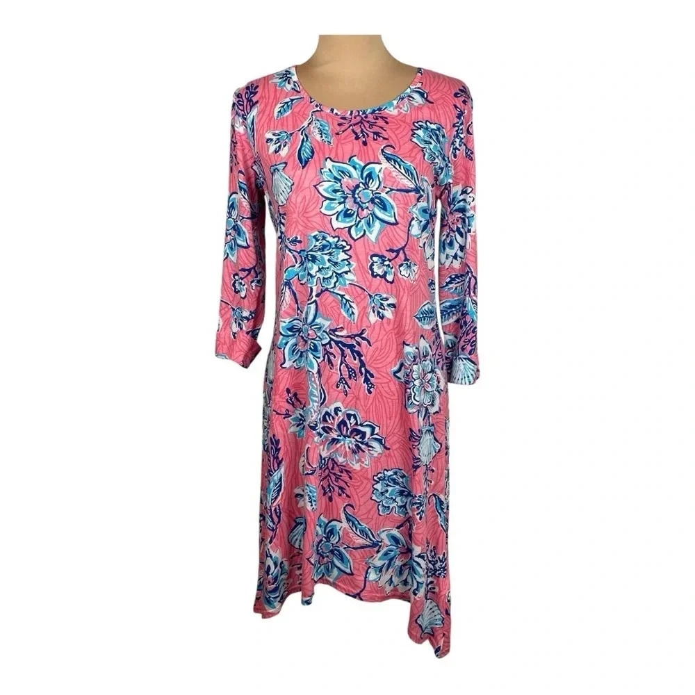 Caribbean Joe White Blue Pink Floral 3/4 Rolled Sleeve Dress‎ Cotton Blend Small